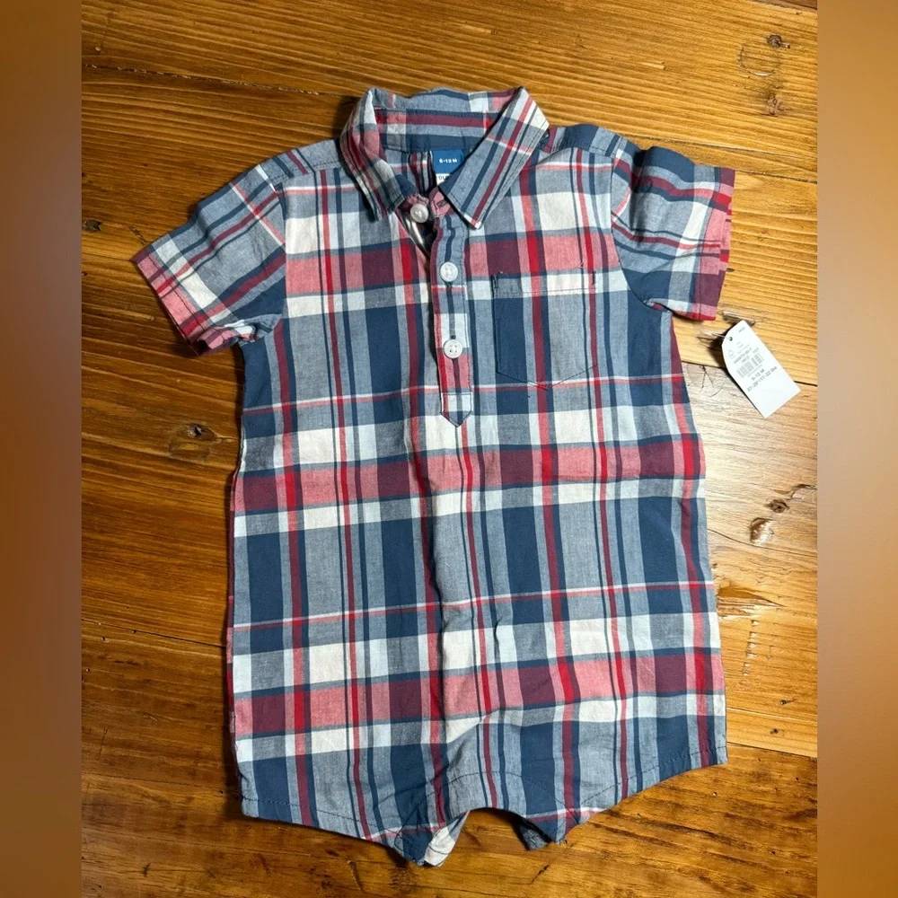 Old Navy 6-12 mo‎ short overalls with plaid short sleeve button down onesie